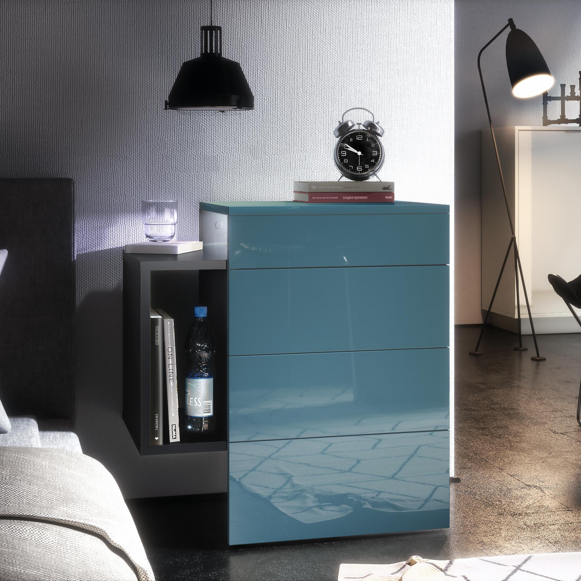 NACHTTISCH Queens Front in Petrol Hochglanz - Petrol, Holzwerkstoff (60/63/36cm) - Vladon