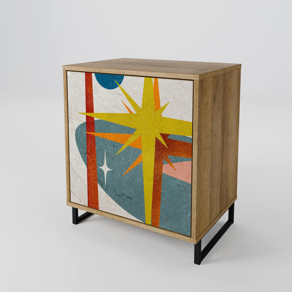SIDEBOARD INTERSTELLAR VIBES, Eichefarben, 57,5x42x72,5 cm, Schwarze Metallfüße - Eichefarben/Multicolor, Holzwerkstoff/Metall (57.5/72.5/42cm) - SpaceRebels