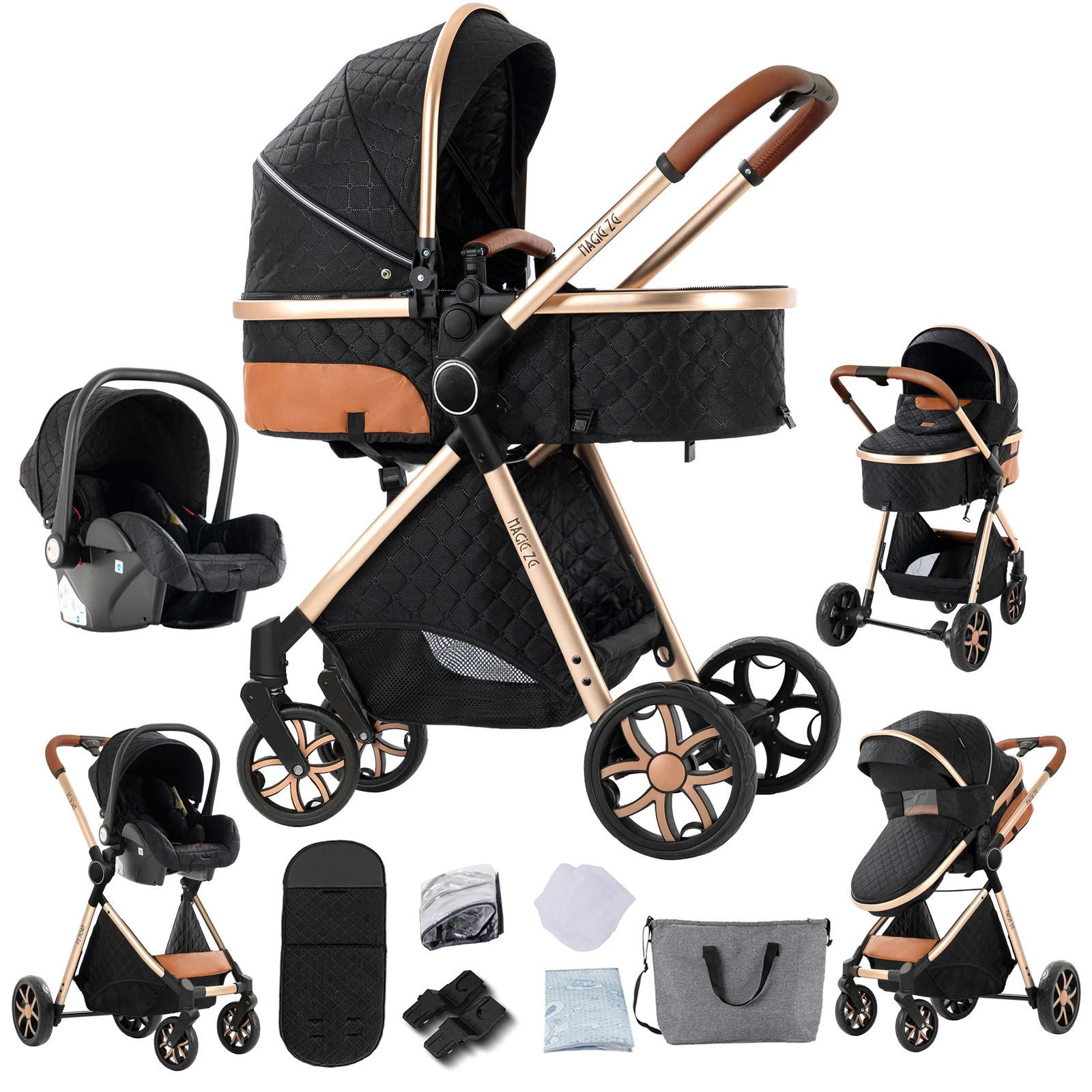 KINDERWAGENSET 3-in-1 mit Autositz, höhenverstellbarer Rückenlehne, wendbarem Sitz, Federung, Verdeck mit UV-Schutz für Babys, schwarz - Schwarz, Metall (80/60cm) - Kaket
