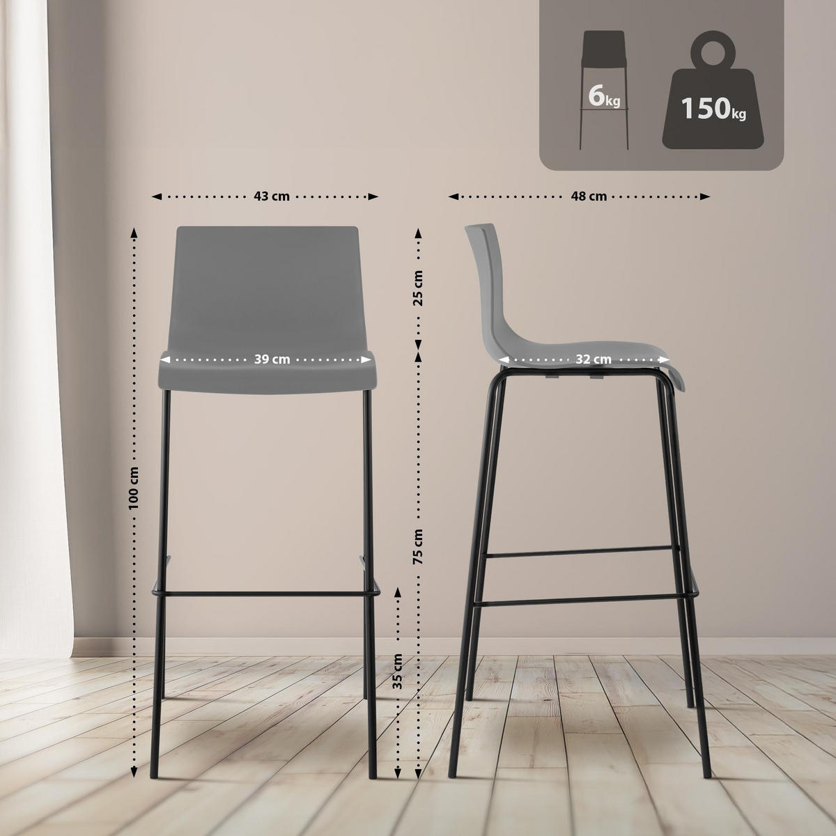 BARHOCKER Hover 100x43x48 cm grau - Grau, Kunststoff (43/100/48cm) - furnicato