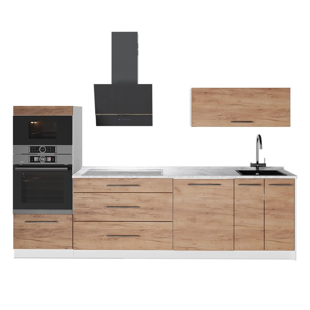 KÜCHENZEILE Fame-Line, Goldkraft Eiche, 280 cm, AP Marmor - Honigeiche/Weiß, Holzwerkstoff (280/153.6/60cm) - Vicco
