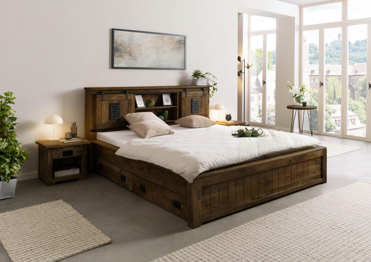 HOLZBETT mit Schublade Mango 180x200 braun lackiert RAILWAY #472 - Braun, Holz (180/200cm) - Massivmoebel24
