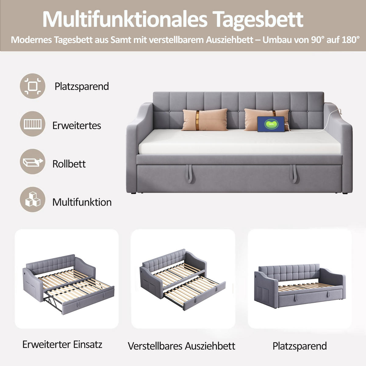 AUSZIEHBETT 90/180/190 cm DE-01999, in Grau - Grau, Metall (90/190cm) - ComfortXL