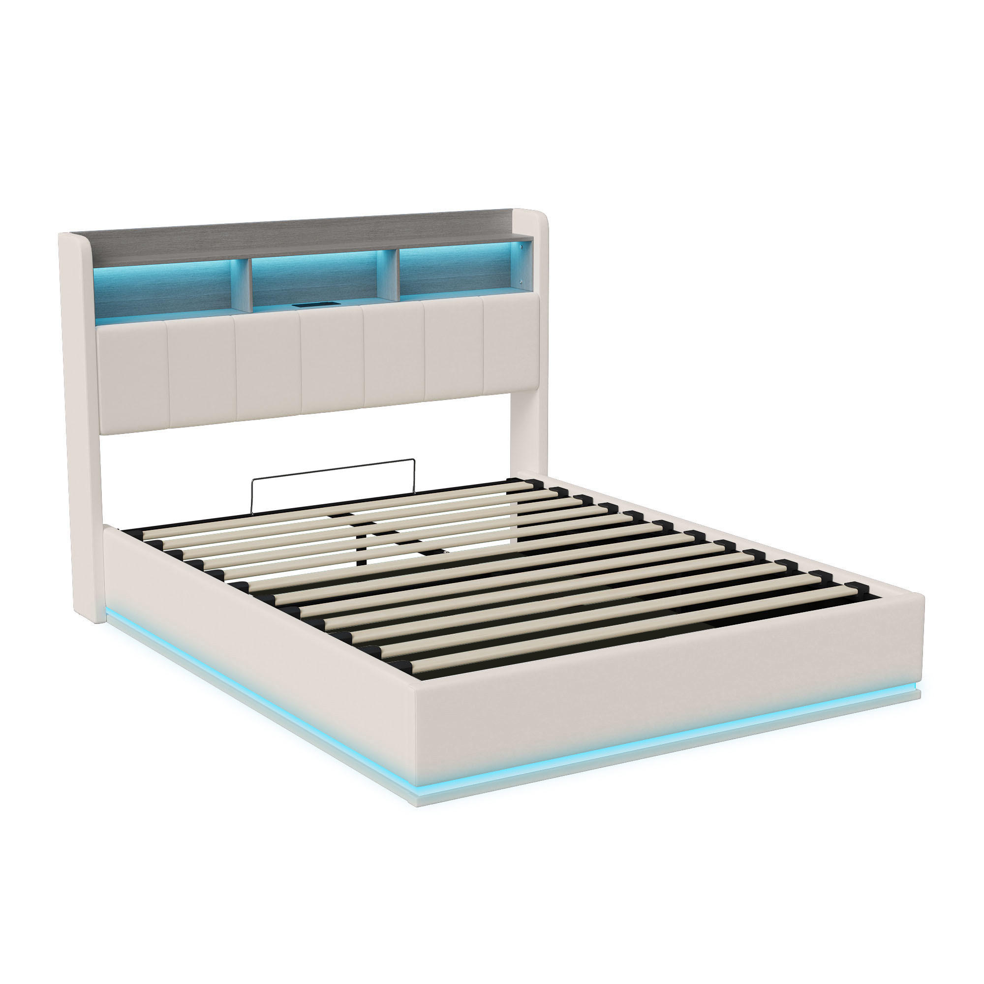 POLSTERBETT 140x190 cm LED Ablagefach Samt weiß - Weiß, Holz (140/190cm) - LEBENLANG