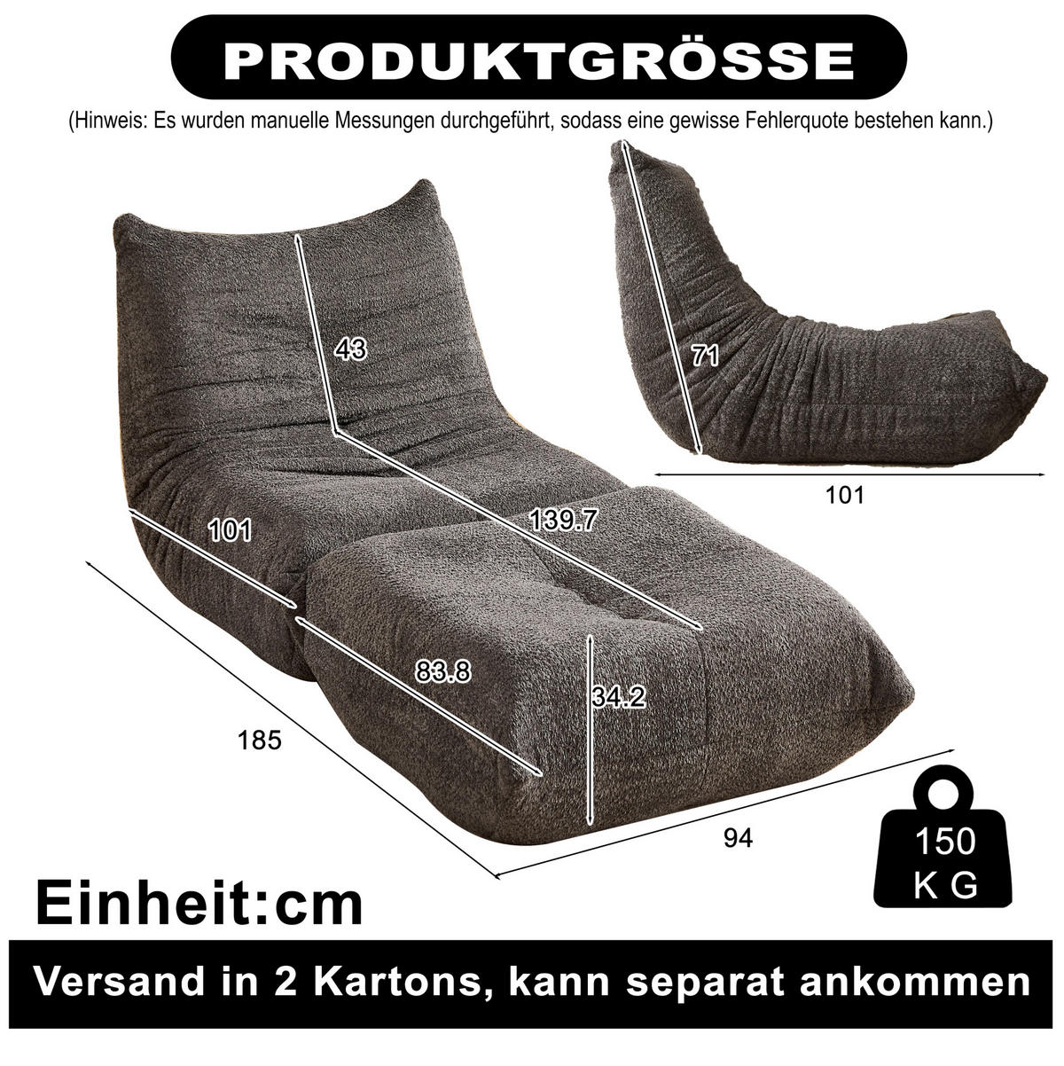 SCHLAFSESSEL mit Fußstütze Chenille Grau - Grau, Kunststoff (94/71/185cm) - Beauniv
