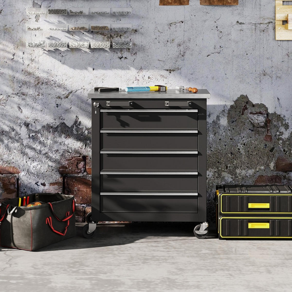 WERKZEUGWAGEN mit 5 Schubladen, rollbar, Zentralschloss, Silber-Schwarz - Schwarz, Metall (34.5/76/65.5cm) - Novahome