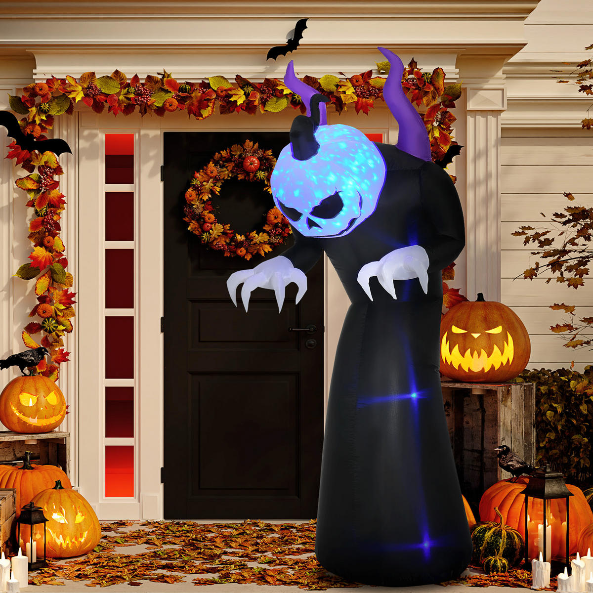 210 cm nafukovací duch s dýňovou hlavou, halloweenská dekorace s LED, vodotěsná - černá, plast (79/210/88cm) - Outsunny