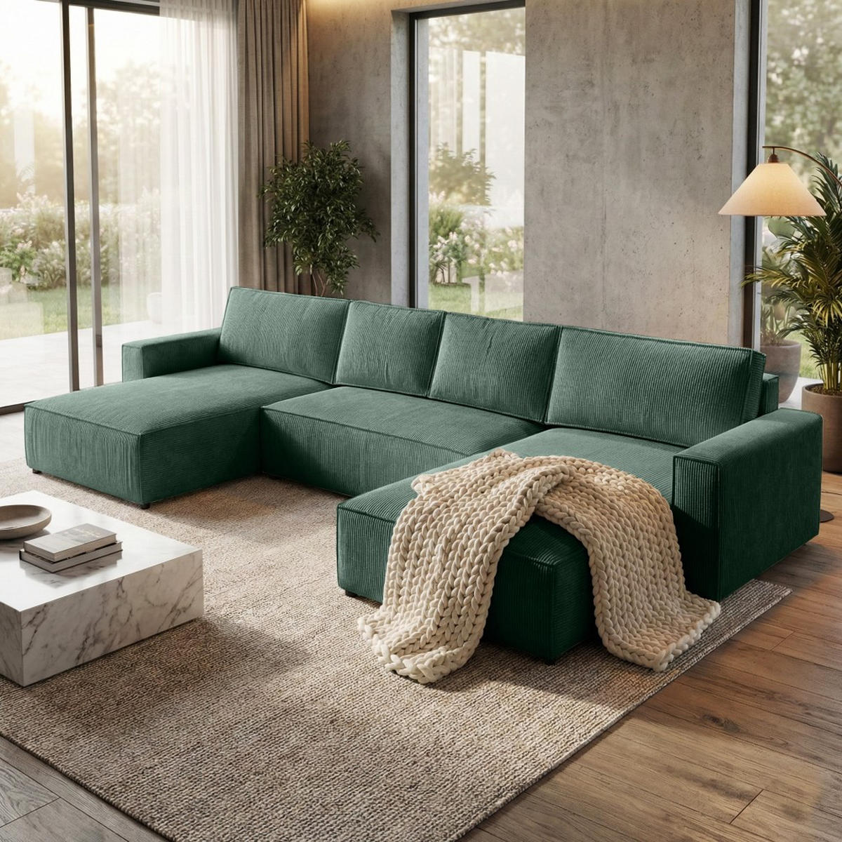 WOHNLANDSCHAFT Parys U mit Schlaffunktion grün - Schwarz/Grün, Kunststoff/Textil (390/70/185cm) - Beautysofa