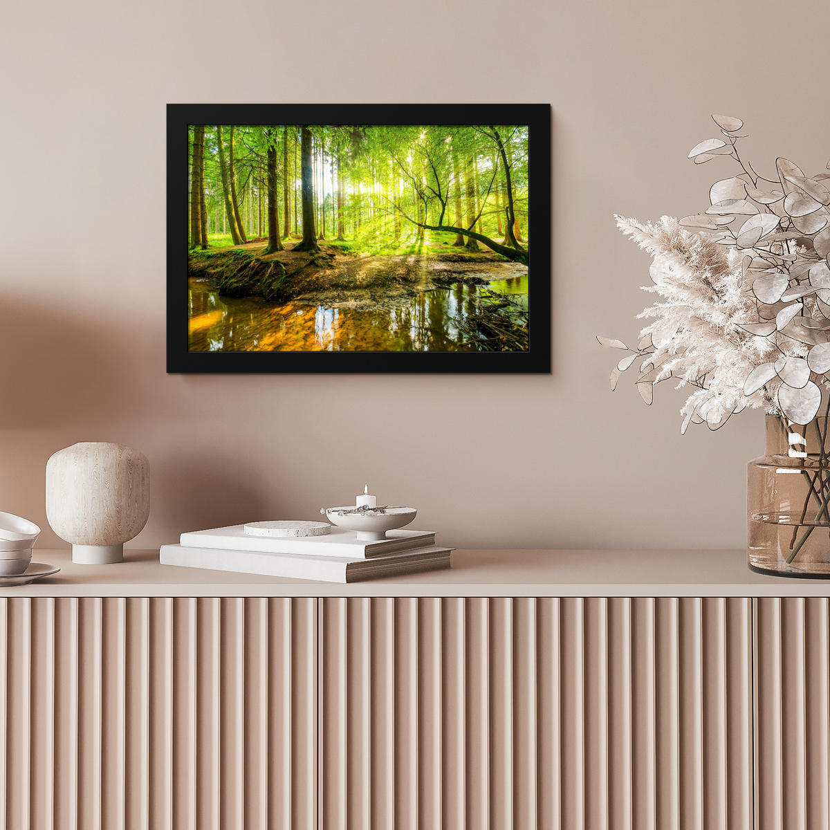 POSTER MIT RAHMENGERAHMTES BILD Wald - Landschaft - Wasser - Bäume - Sonne - Grün - Natur 30x20 cm - Grün, Papier (30/20cm) - MuchoWow