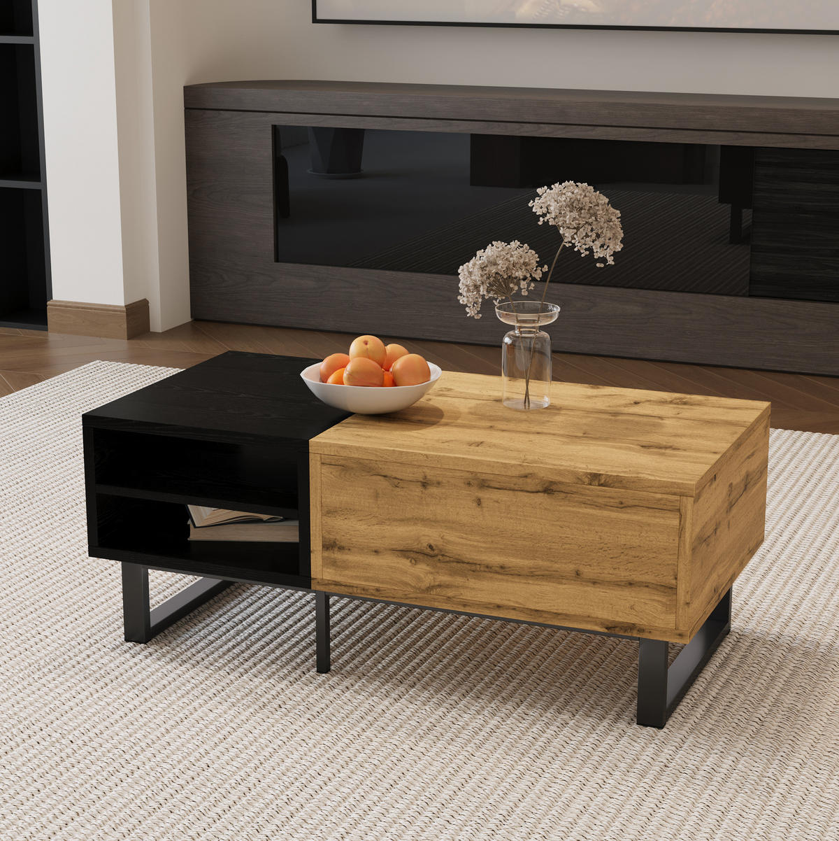 COUCHTISCH 100/50/40 cm mit 3 offenen Fächern und Schublade in Natur/Schwarz - Naturfarben, Holzwerkstoff (100/50/40cm) - Flora Grace