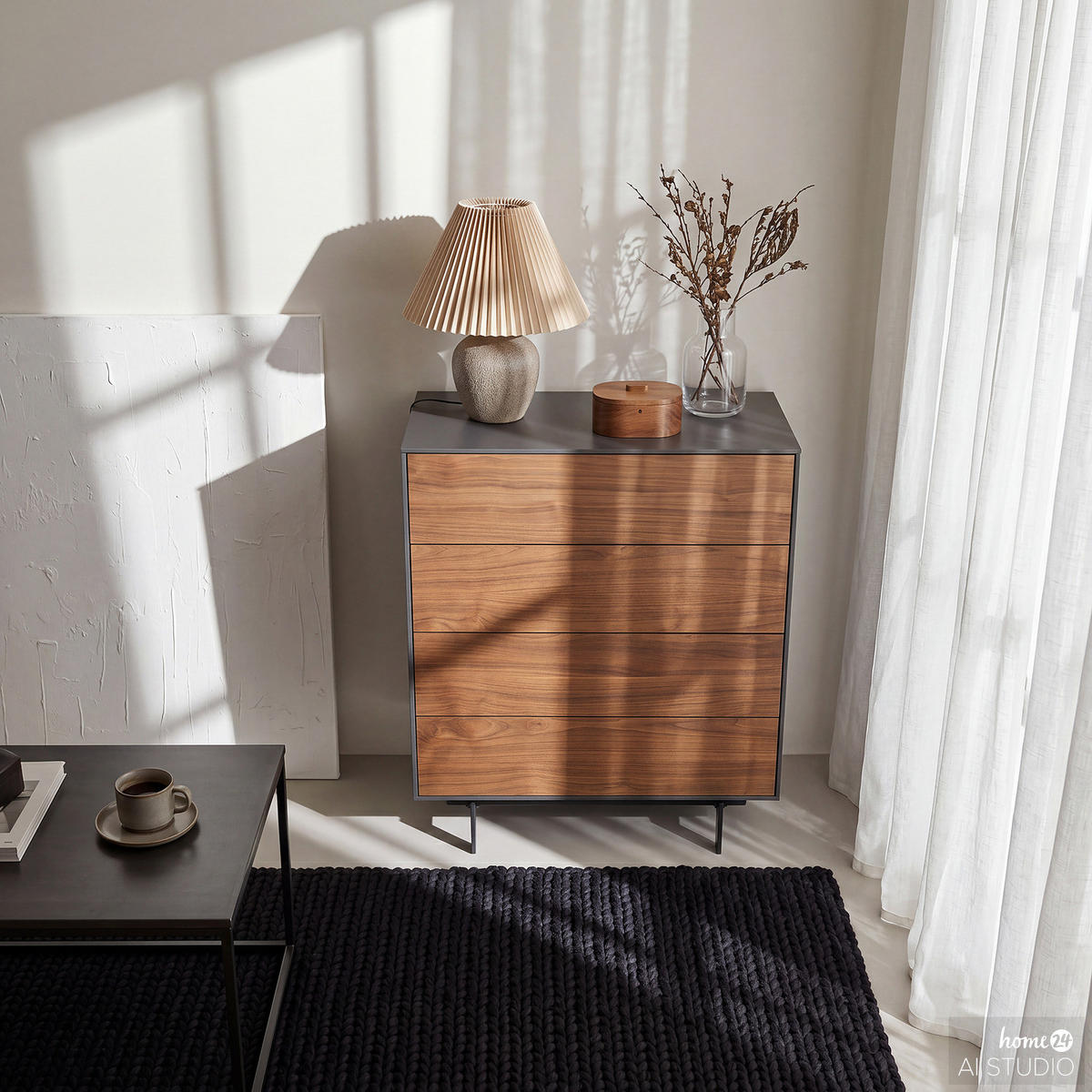 FURNIERTE KOMMODE - Dunkelgrau/Walnussfarben, Holzwerkstoff/Metall (80/100/40cm) - home24