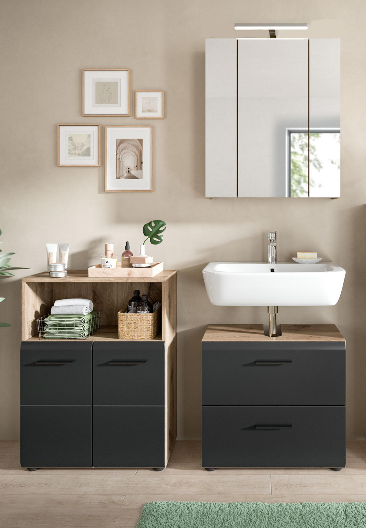 MIDISCHRANK schwarz matt, Eiche 2-türig, Badkommode 60 cm - Eichefarben/Schwarz, Holzwerkstoff/Kunststoff (60/80/30cm) - Inn.Furn