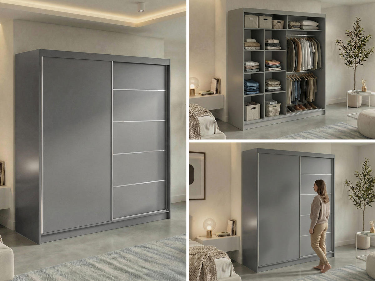 SCHWEBETÜRENSCHRANK 200 - MACEDONIA - Grau - Alufarben/Grau, Holzwerkstoff/Metall (200/216/61cm) - MKS