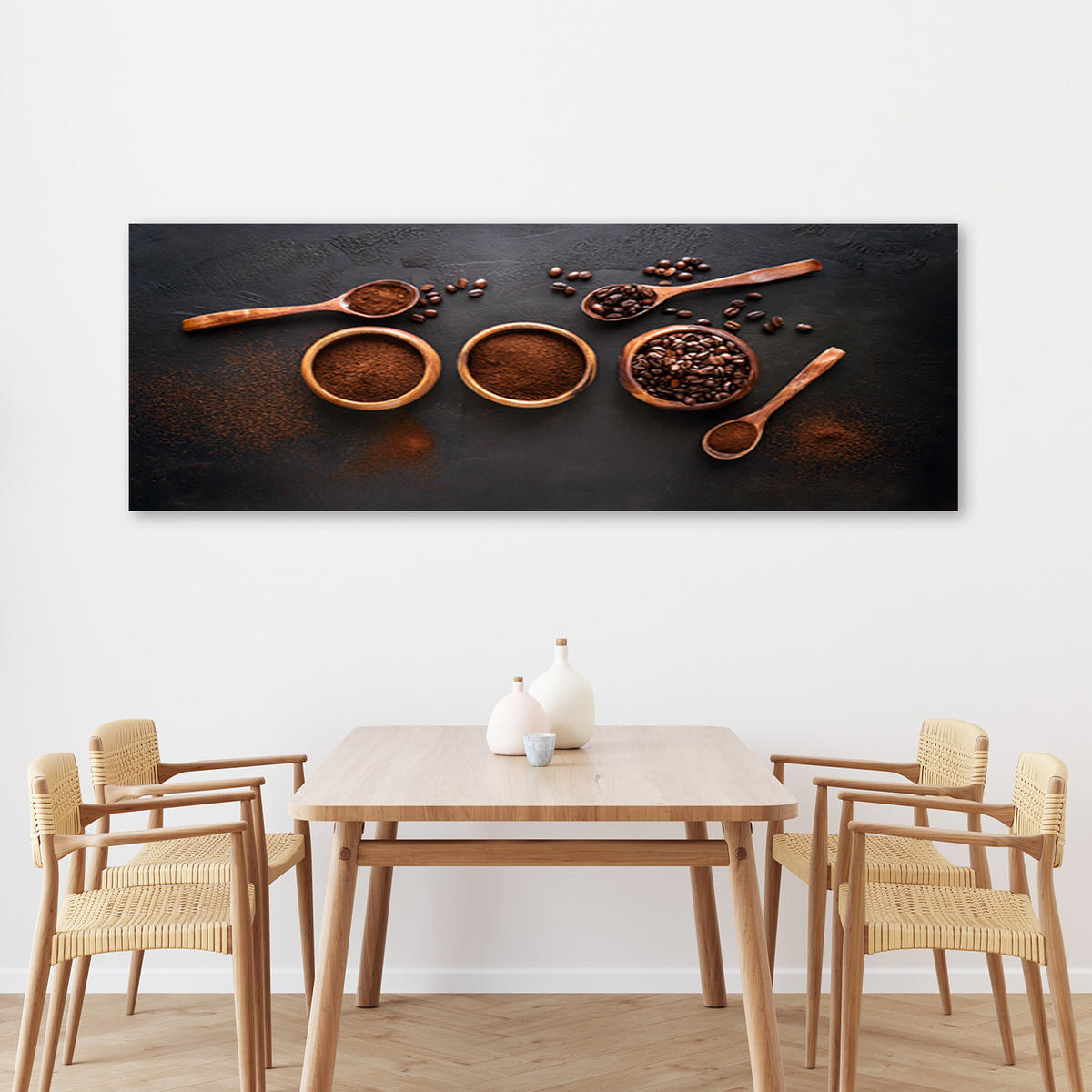 WANDBILD gemahlene kaffeebohnen für die küche - Schwarz, Textil (90/30cm) - Feeby