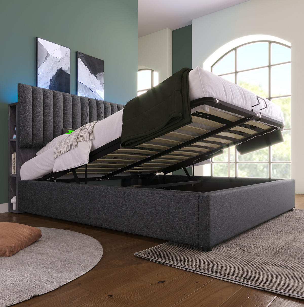POLSTERBETT aus Leinen 160x200 cm in Grau mit Matratze, LED & USB-C - Grau, Textil (160/200cm) - Modfu