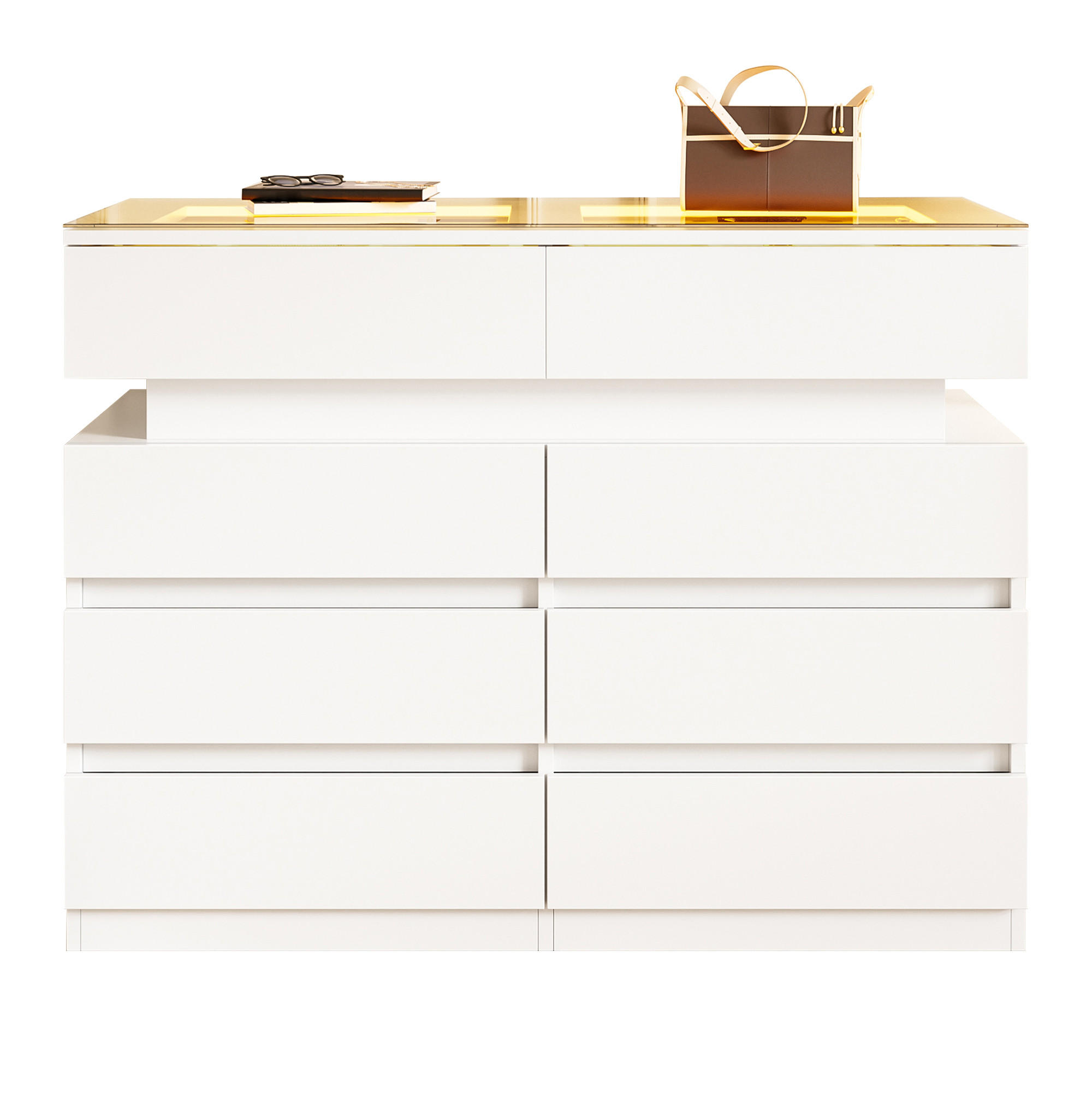SIDEBOARD LED Glas 8 Schubladen Unterteilung Weiß 100cm Modern - Weiß, Glas (100/76/45cm) - FLIEKS