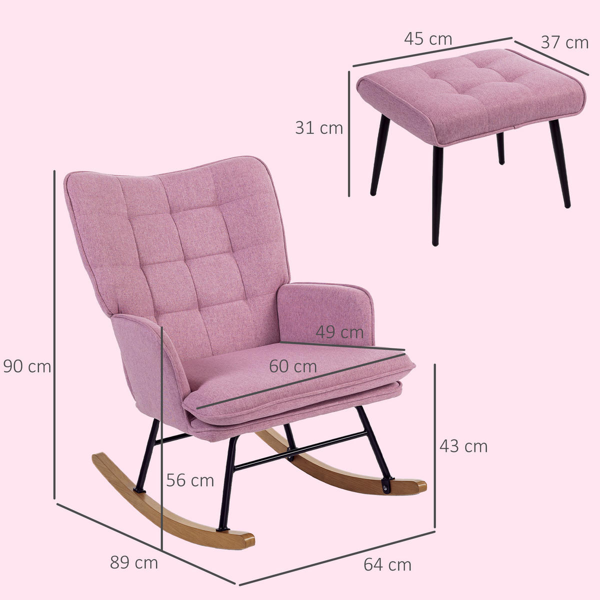 SCHAUKELSTUHL Fußstütze Kissen Armlehnen Holzbeinen 130 kg Rosa - Rosa, Textil (64/90/89cm) - Vallsero