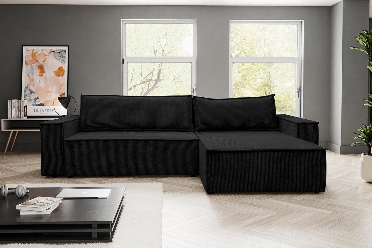 ECKSOFA HUGO XL Schlaffunktion und Bettkasten Cord-Stoff (Schwarz) - Schwarz, Textil (274/142cm) - VENASI MÖBEL