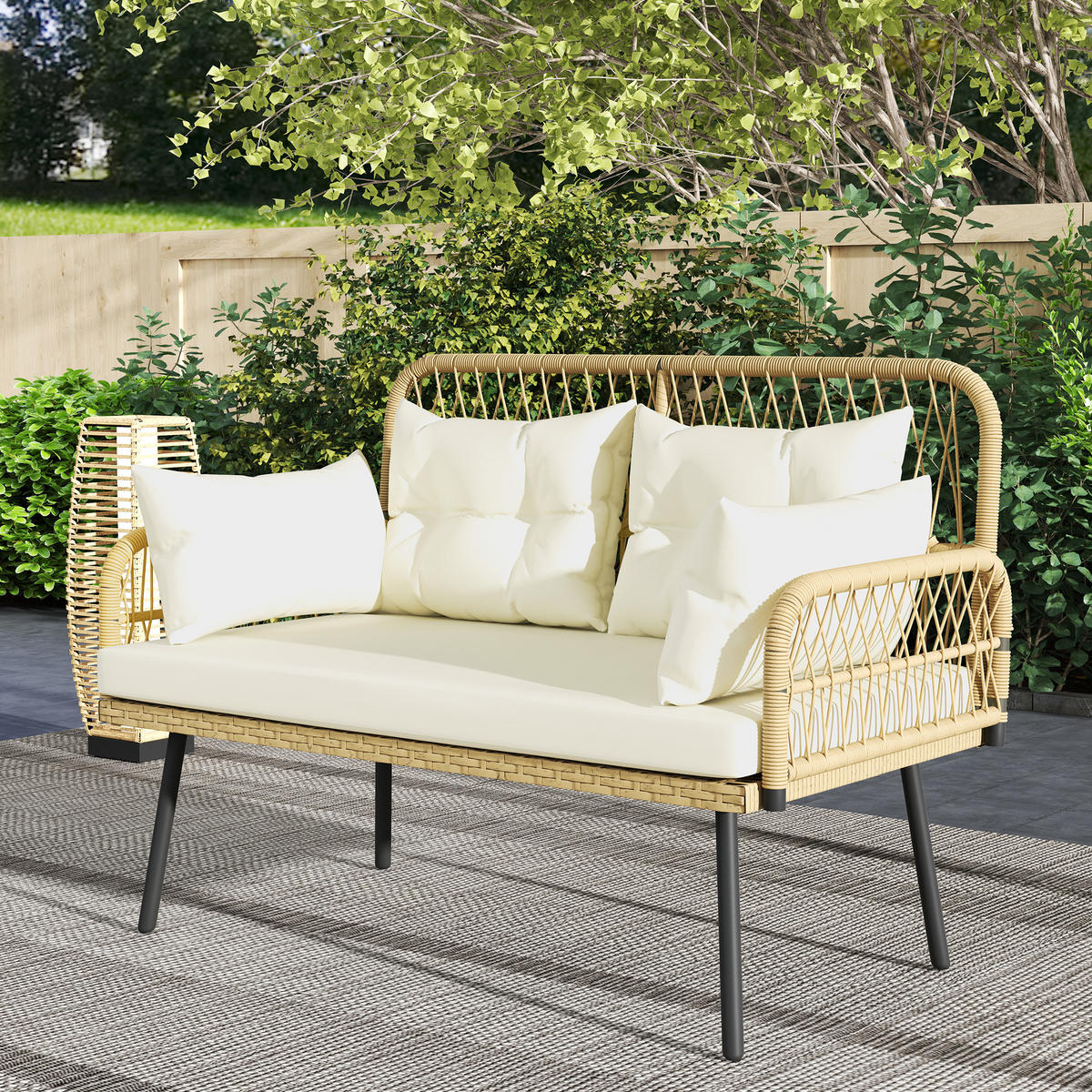 RATTANSOFA 2-Sitzer mit Auflagen Weiß 115/61/82 cm - Beige/Schwarz, Textil/Metall - Outsunny