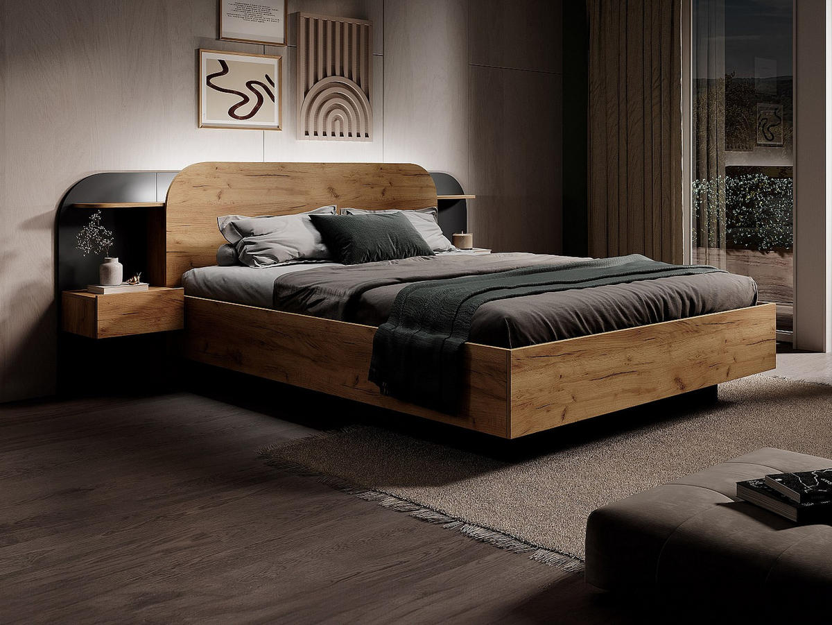 BETT mit Bettkasten - 2 Personen - holz - schwarz, naturfarben hell Juvisia - Schwarz/Naturfarben, Holz (160/200cm) - Vente-Unique