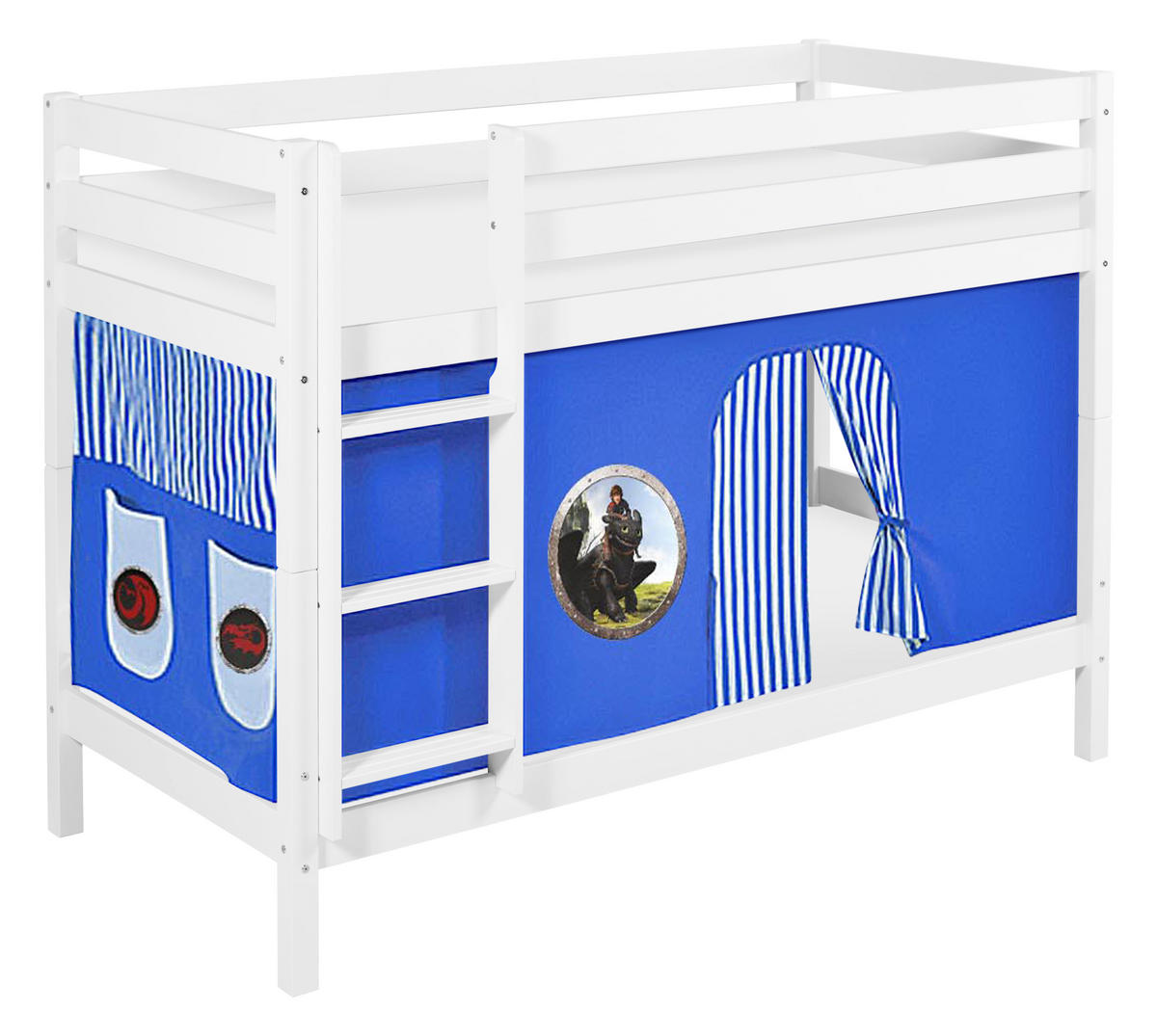 ETAGENBETT JELLE 90x200 cm Dragons blau - Hochbett - inkl. Vorhang und 2 Lattenrosten - Weiß, Holz - Lilokids