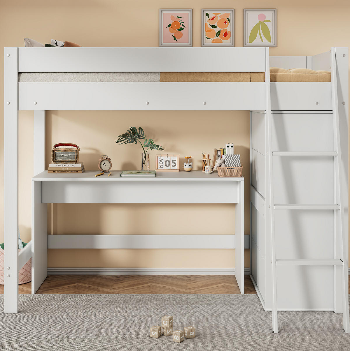 HOCHBETT 90/200 cm in Weiß mit Schreibtisch und Kleiderschrank - Weiß, Holzwerkstoff (90/200cm) - Flora Grace