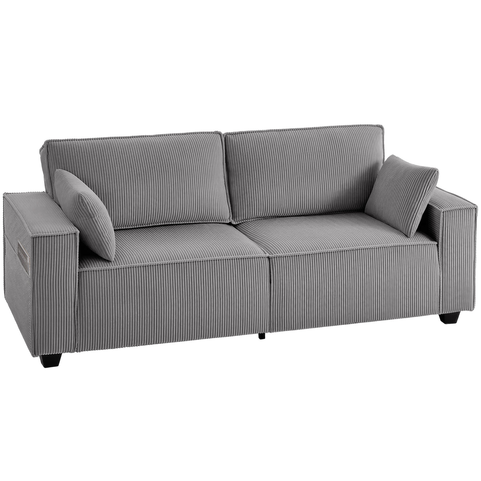 SOFA, 3-Sitzer, Cord, 218cm, hellgrau, 2 Kissen, Taschenfederpolsterung - Multicolor, Holzwerkstoff (218/91/79cm) - FORIOUS