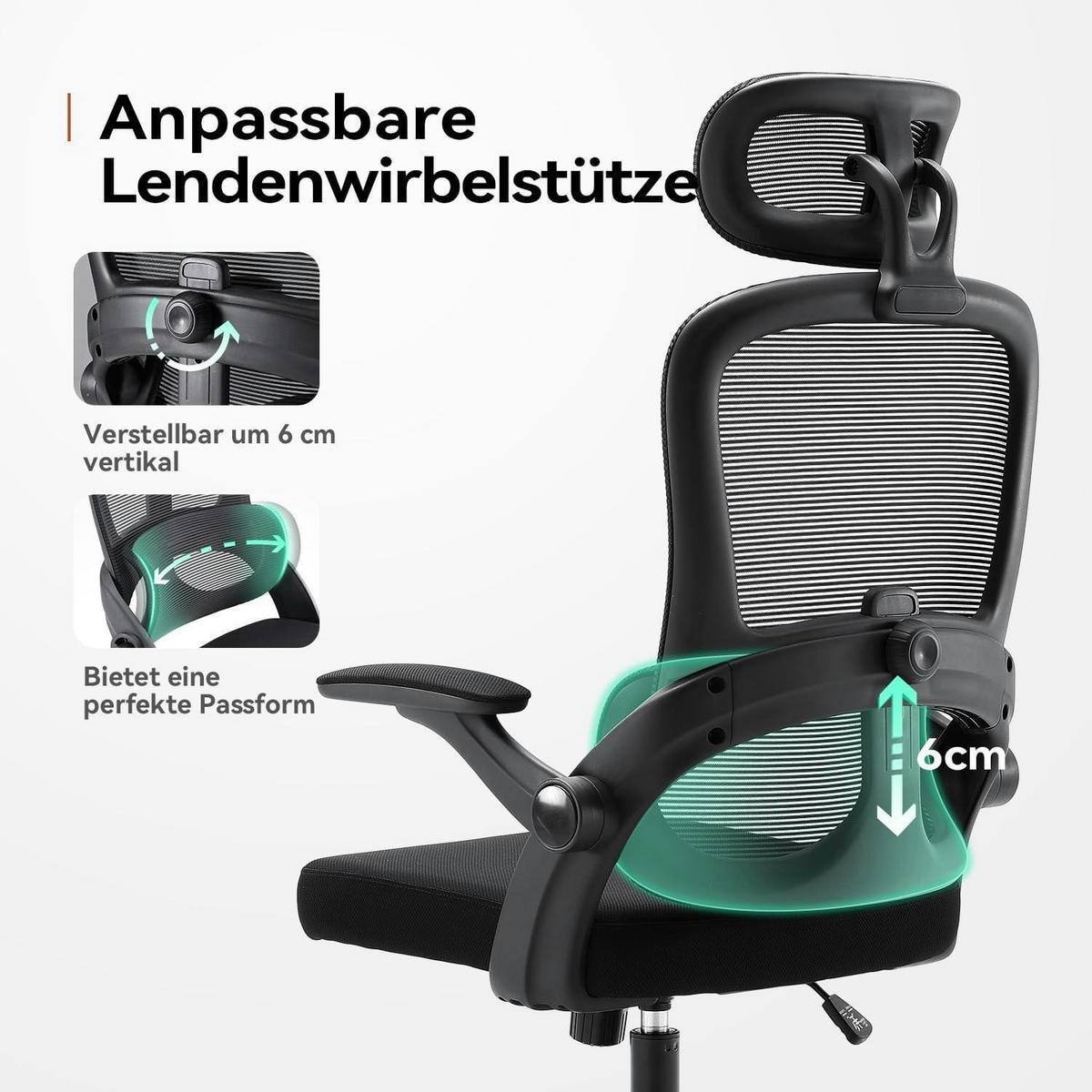 BÜROSTUHL M102C Ergonomisch mit Lendenwirbelstütze Schwarz - Schwarz, Textil (65/126/75cm)