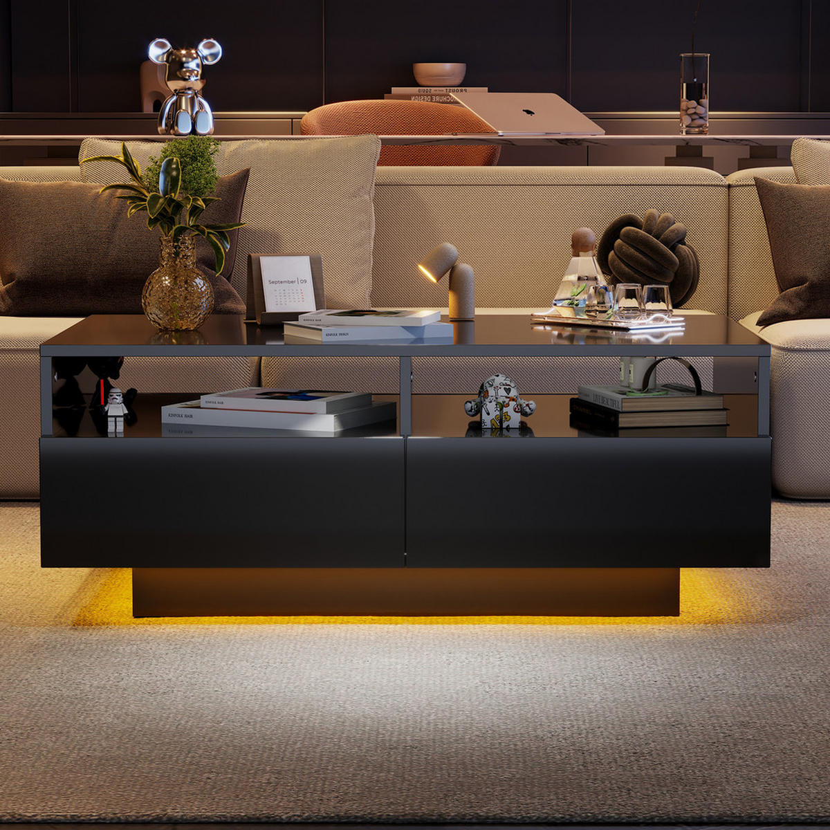 COUCHTISCH Schwarz Hochglanz LED 16 Farben 4 Schubladen USB Modern - Schwarz, Holz (100/65.48/14.48cm) - FLIEKS