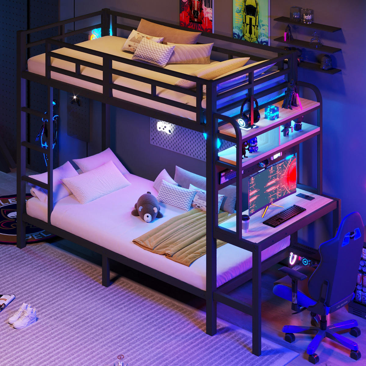 ETAGENBETT 90/200 cm aus Metall mit Schreibtisch, LED-Lichtleiste, Schwarz - Schwarz, Metall (90/200cm) - OKMYHOME