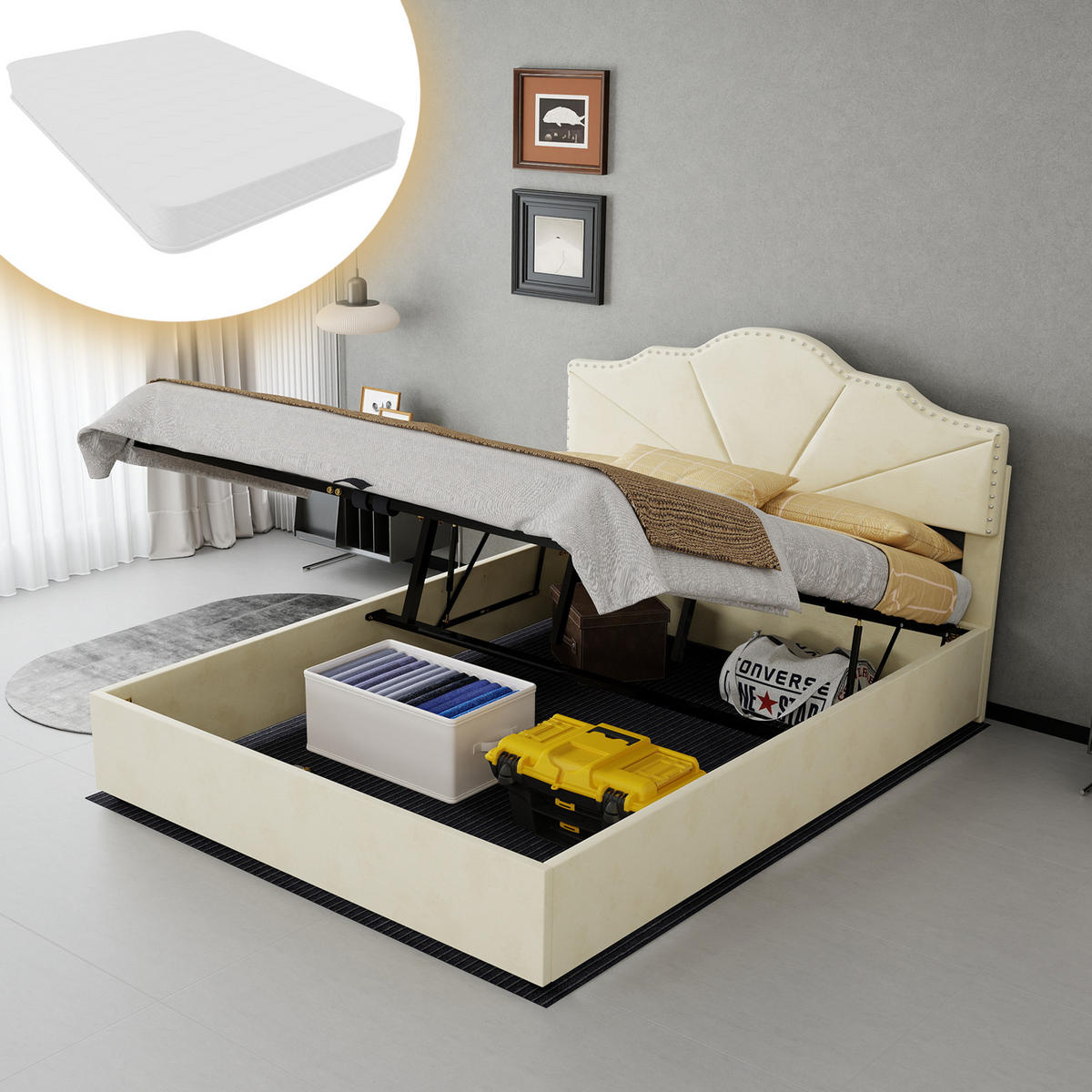 STAURAUMBETT 140/200 cm mit Pneumatik-Stauraum und Matratze, DE-32959, in Beige - Beige, Metall (140/200cm) - ComfortXL