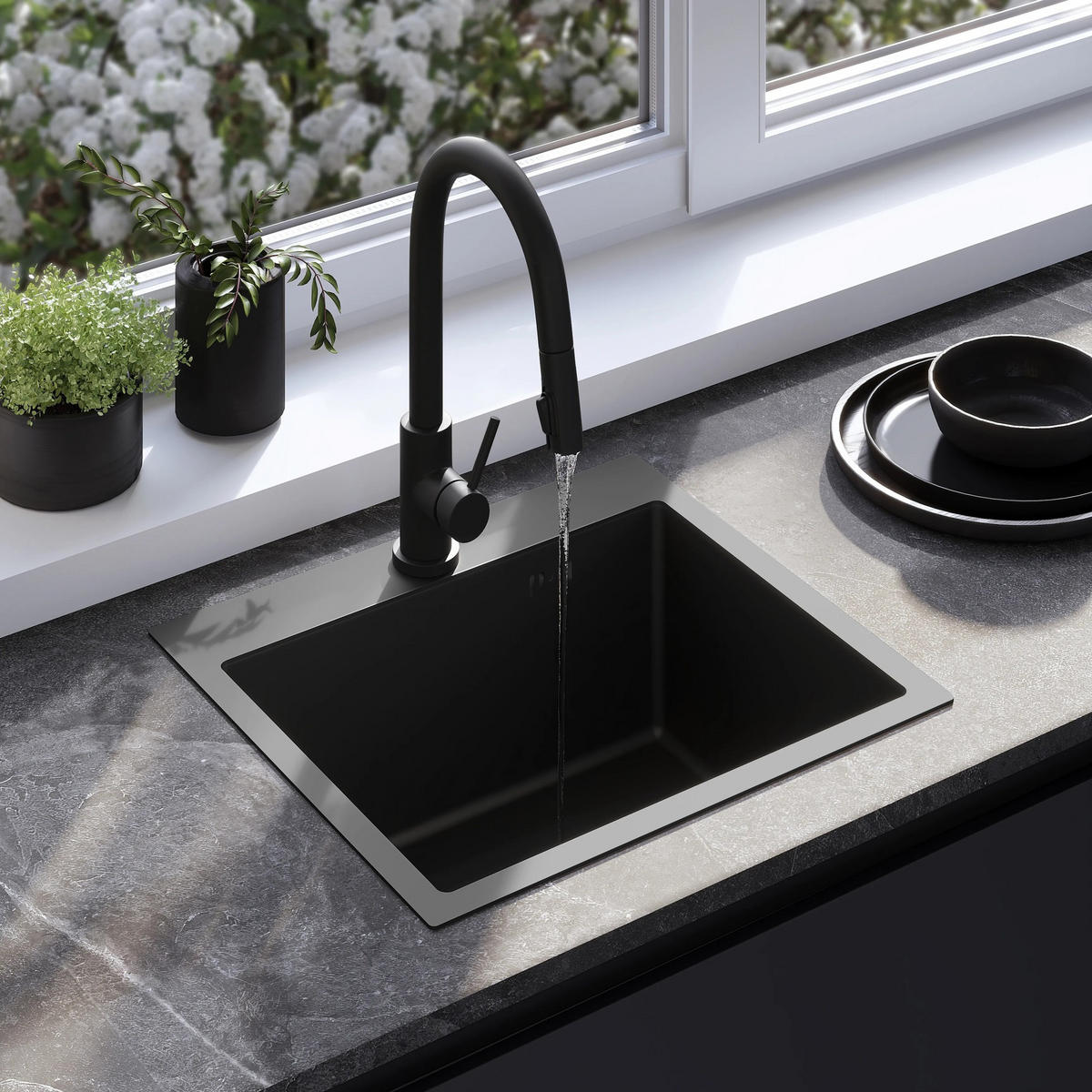EDELSTAHLSPÜLE Rea Leo 50 Black mit Küchenarmatur - Schwarz, Metall (45/18.5/50cm) - REA