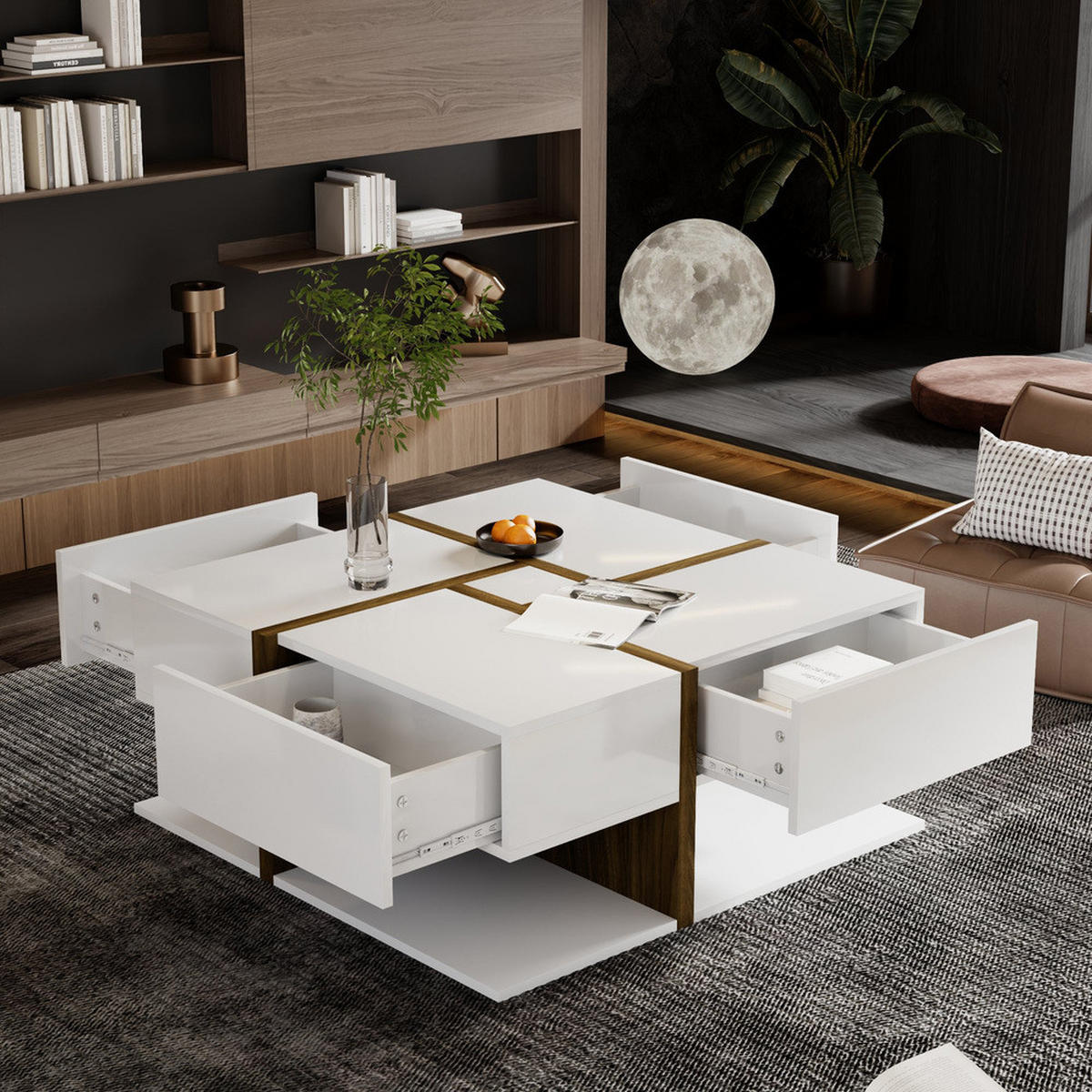 COUCHTISCH Hochglanz 4 Schubladen 78x78cm Linien-Design Weiß - Weiß, Holz (60/39/29.5cm) - FLIEKS