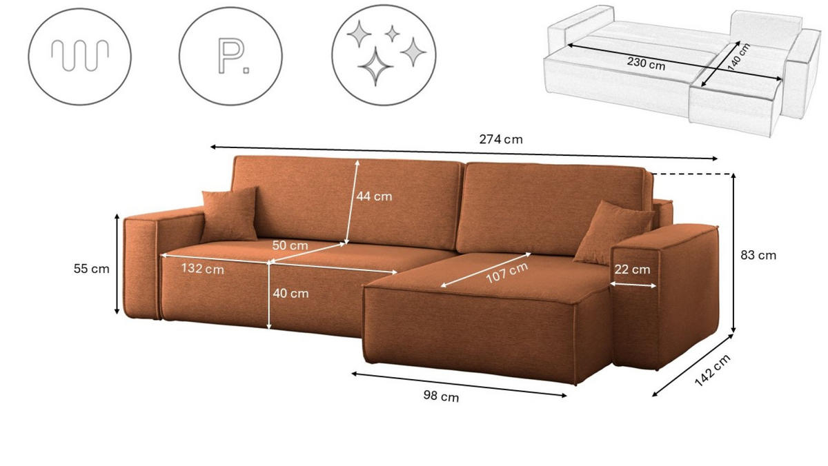 ECKSOFA Mit Schlaffunktion Und Bettkasten, Eckcouch Best XL Stoff Verita Kupfer Rechts - Kupferfarben, Holz (274/145cm) - Kaiser Möbel