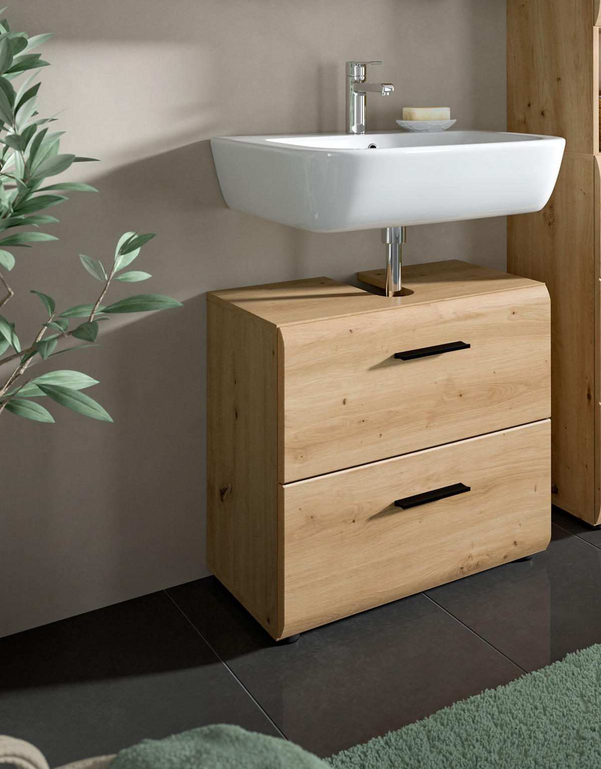 WASCHBECKENUNTERSCHRANK Eiche Artisan, Bad Unterschrank mit Vollauszug Schubkästen, Breite 60 cm - Schwarz/Eiche Artisan, Holzwerkstoff/Kunststoff (60/54/30cm) - Inn.Furn