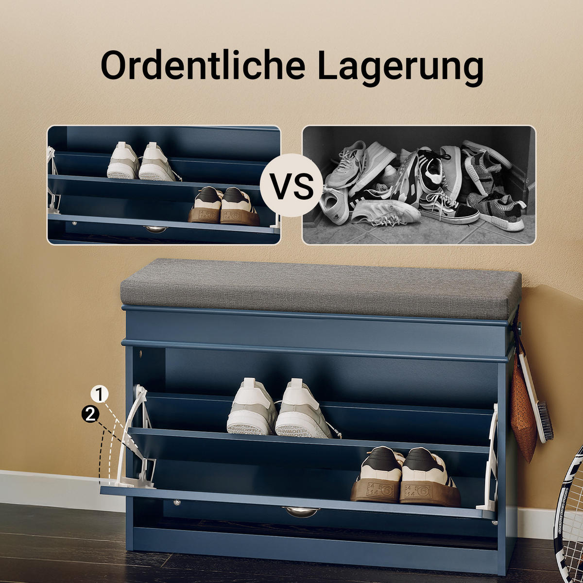 SCHUHBANK mit Sitzkissen Blau 75x52x24cm - Blau, Holzwerkstoff (75/52/24cm) - SoBuy