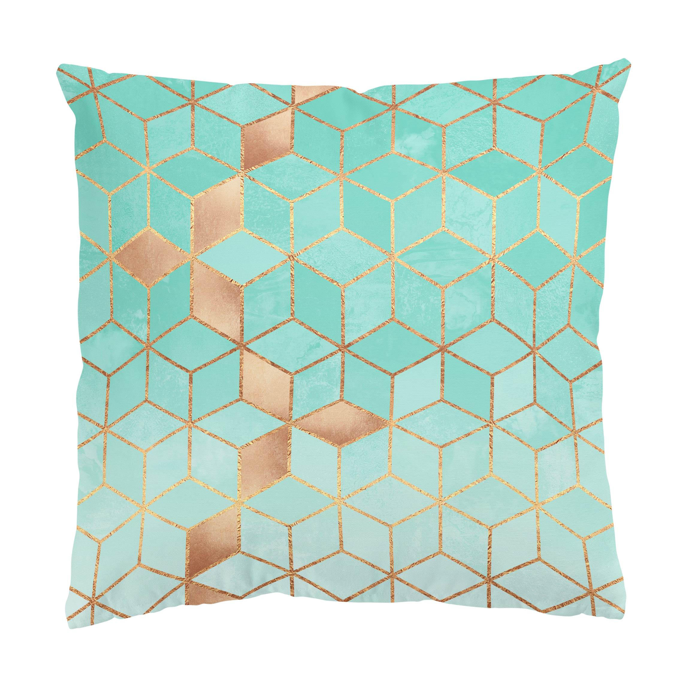 DEKOKISSEN Türkis Weiß goldene Geometrie 40/40 cm - Türkis, Textil (40/40/10cm) - Bilderwelten