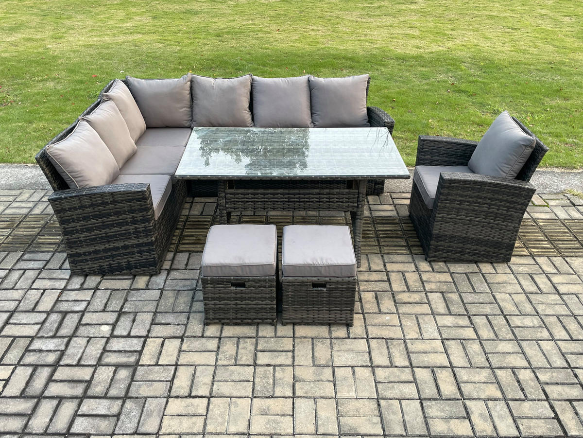 BALKONMÖBEL-SETS mit Ecksofa,Rechteckiger Esstisch,2 Hocker Polyrattan Dunkelgrau 9-Sitzer - Dunkelgrau/Grau, Glas/Kunststoff - Fimous