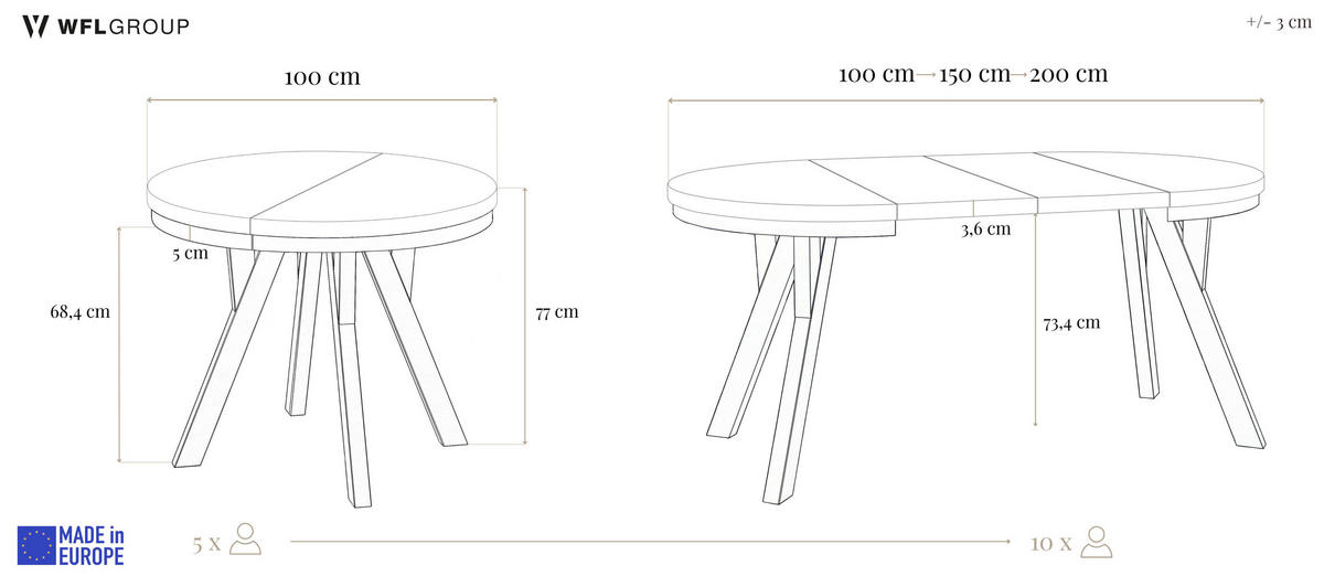 ESSTISCH Strato Black runder ausziehbarer, Kiefer weiß 100-200/100/77 cm - Schwarz/Weiß, Holz/Holzwerkstoff (100/100/77cm) - WFL GROUP