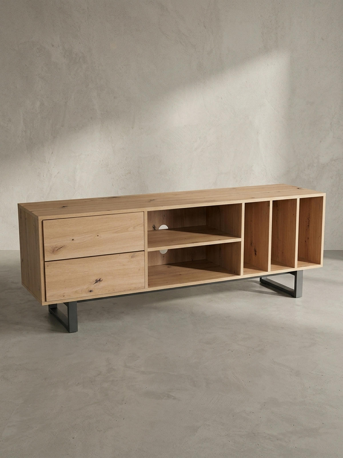 TV-LOWBOARD mit Eiche-Dekor, Schubladen und offenes Regal, modern, Braun 150x40x55 cm - Schwarz/Braun, Holzwerkstoff/Metall (150/55/40cm) - KADIMA DESIGN