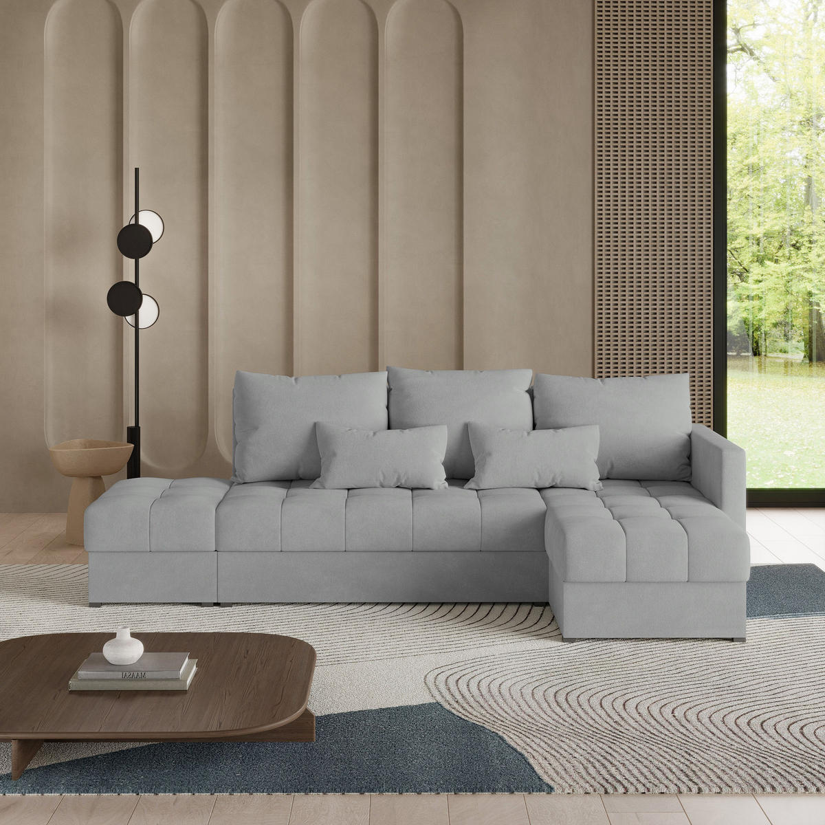 ECKSOFA LUMARI R-S Hellgrau Plüsch-Stoff mit Schlaffunktion - Hellgrau, Holz (262/143cm) - MASSENO