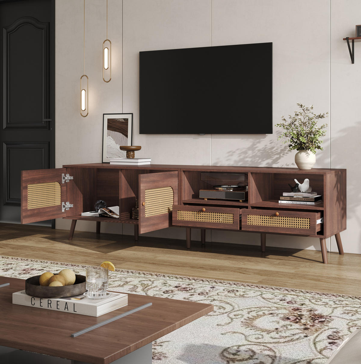 TV stolík 200/37/49,5 cm tmavohnedý z drevotriesky s ratanovými dvierkami a 2 zásuvkami - hnedá, kompozitné drevo (200/49.5/37cm) - OKWISH