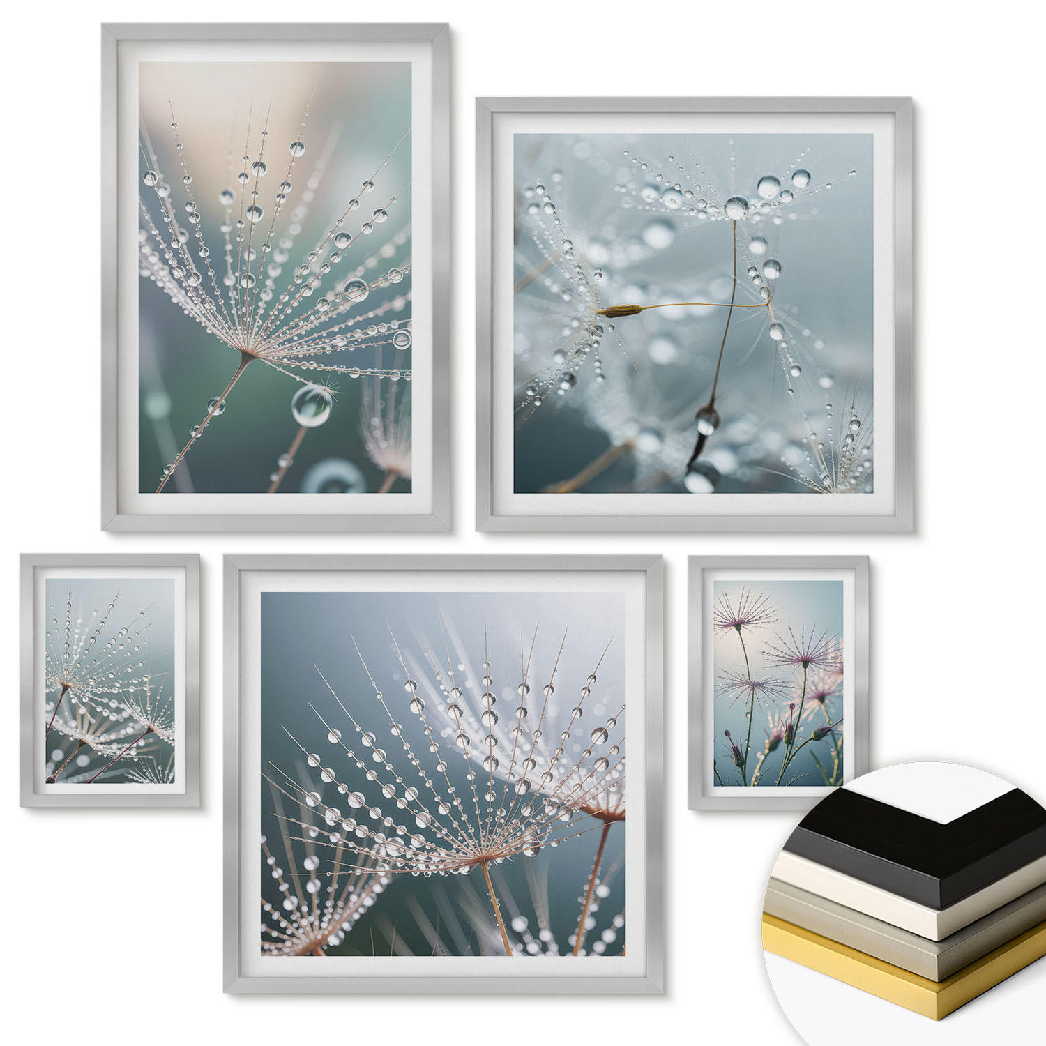 WANDBILDER 5er Set - 50x50 cm & 20x30 cm & 40x60 cm Silberner Rahmen - Lineare abstrakte Motive - Silberfarben, Kunststoff (40/60cm) - ArtPrintCave