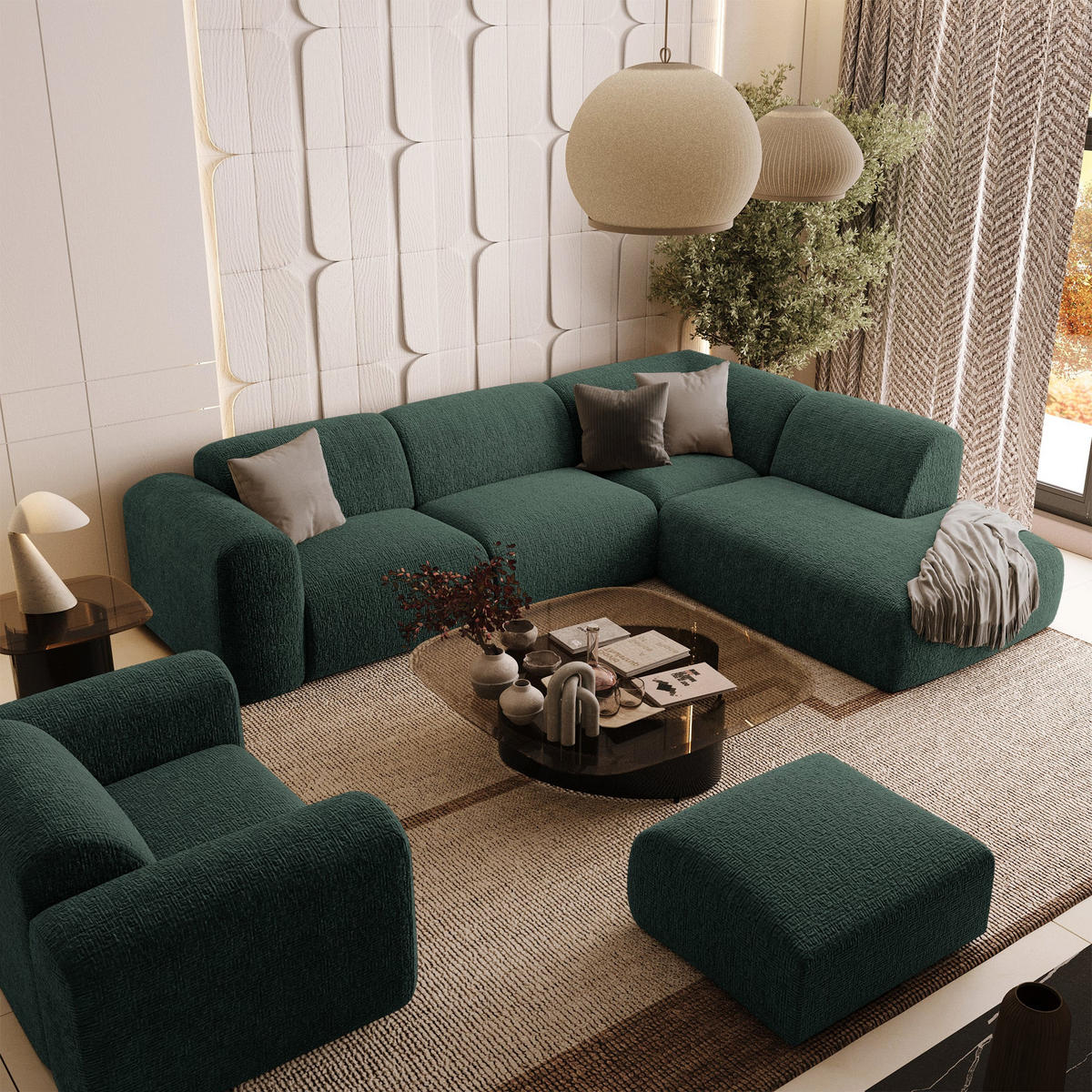 ECKSOFA RECHTS Gemusterter Samt Smaragdgrün 269cm - Smaragdgrün, Textil (269/221cm) - Sia Home
