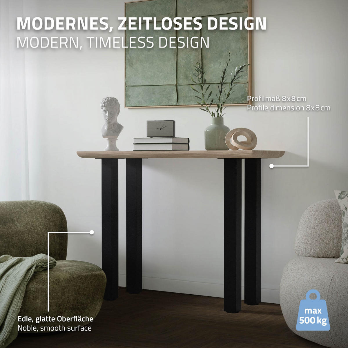 TISCHBEINE 4er Set I-Design H:90 cm Schwarz 8x8 cm - Schwarz, Metall (8/90/8cm) - ML-DESIGN