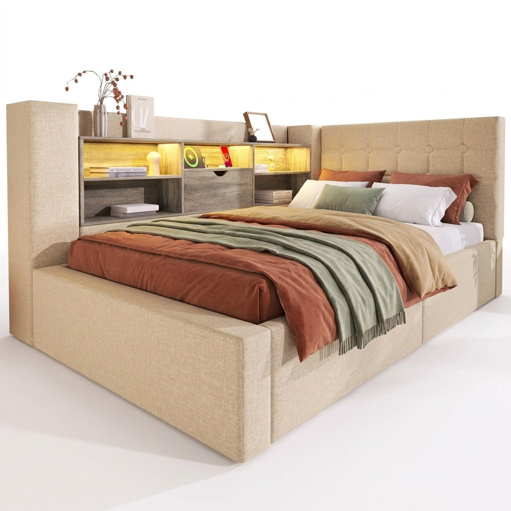 POLSTERBETT 90/200 mit Bettkasten, LED und USB in Beige - Beige, Holzwerkstoff/Textil (90/200cm) - EVRYAE