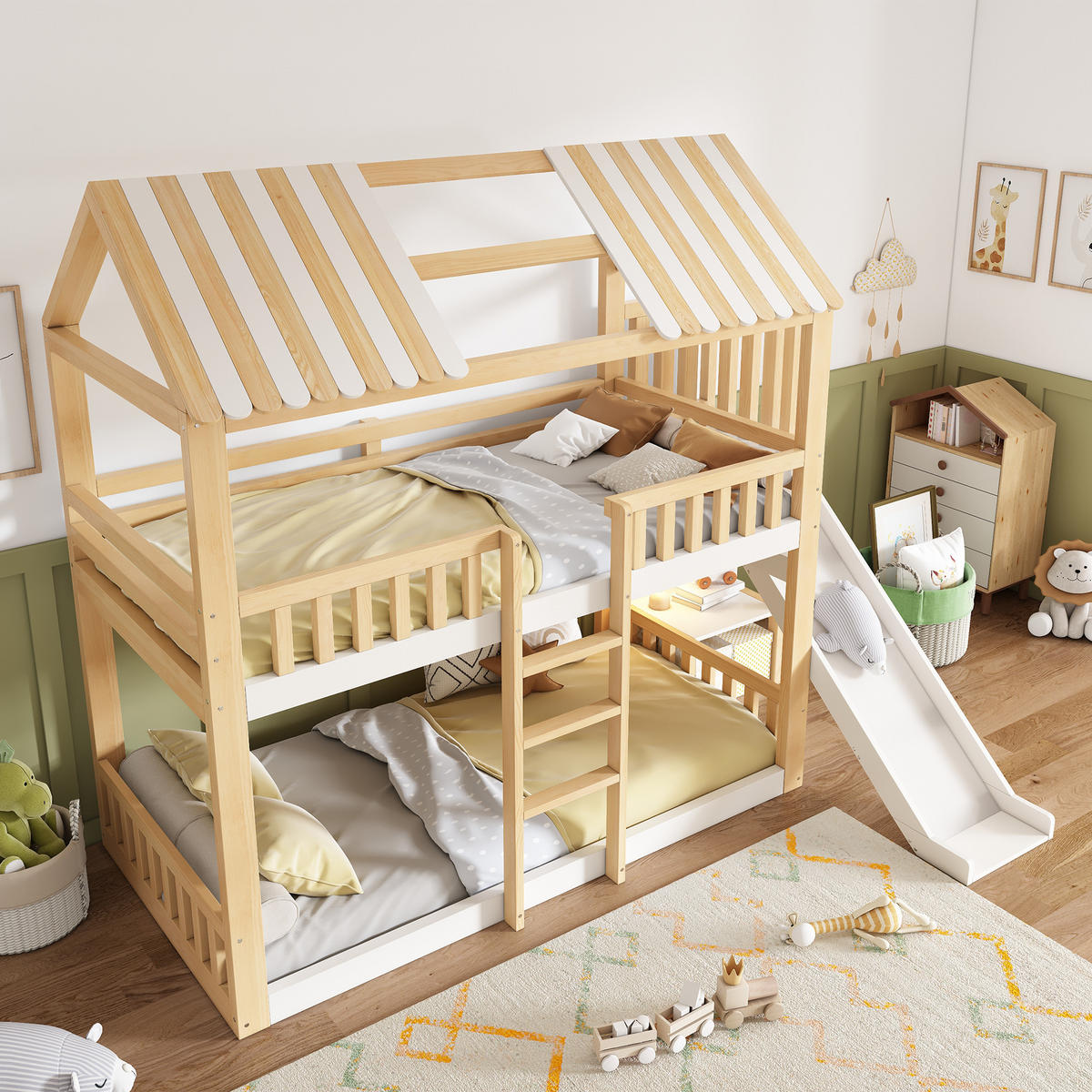ETAGENBETT 90/200 cm & 90/200 cm in Weiß & Natur mit Regal und Rutsche - Naturfarben, Holz/Holzwerkstoff (90/200cm) - WISHDOR