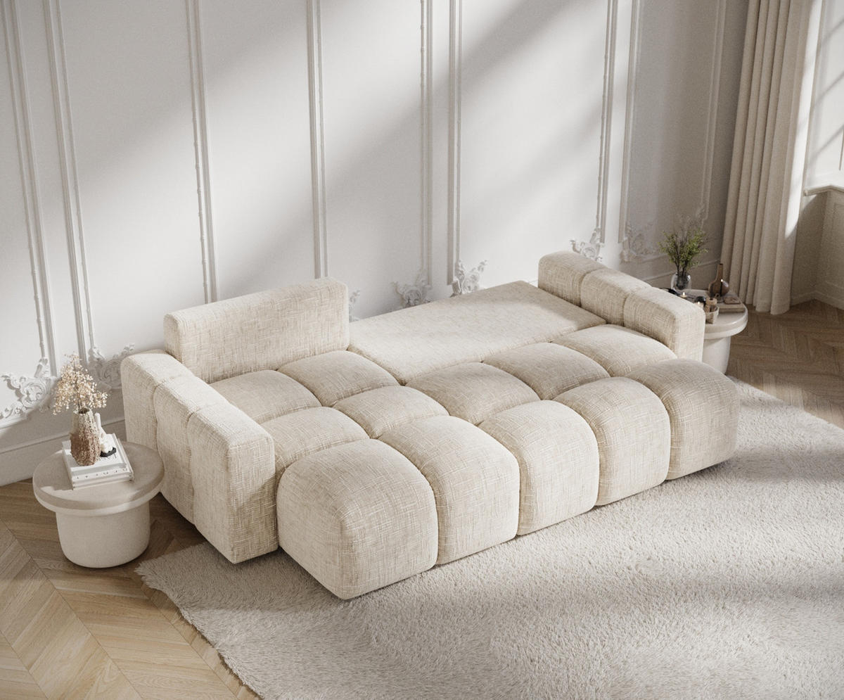 ECKSOFA MIT SCHLAFFUNKTION Ucci Creme Webstoff - Creme/Schwarz, Holz/Holzwerkstoff (233/142cm) - Maison de Reve