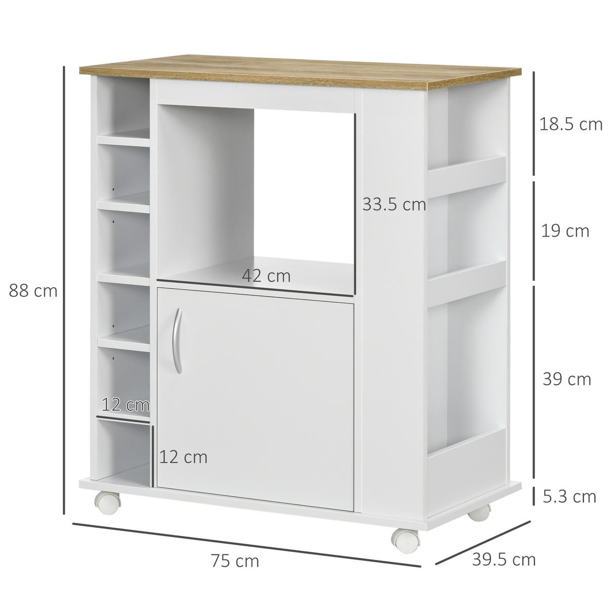 KÜCHENWAGEN, Wagen mit Schrank und Bremsen, 75 x 39,5 x 88 cm, Weiß - Multicolor, Metall (75/88/39.5cm) - FORIOUS
