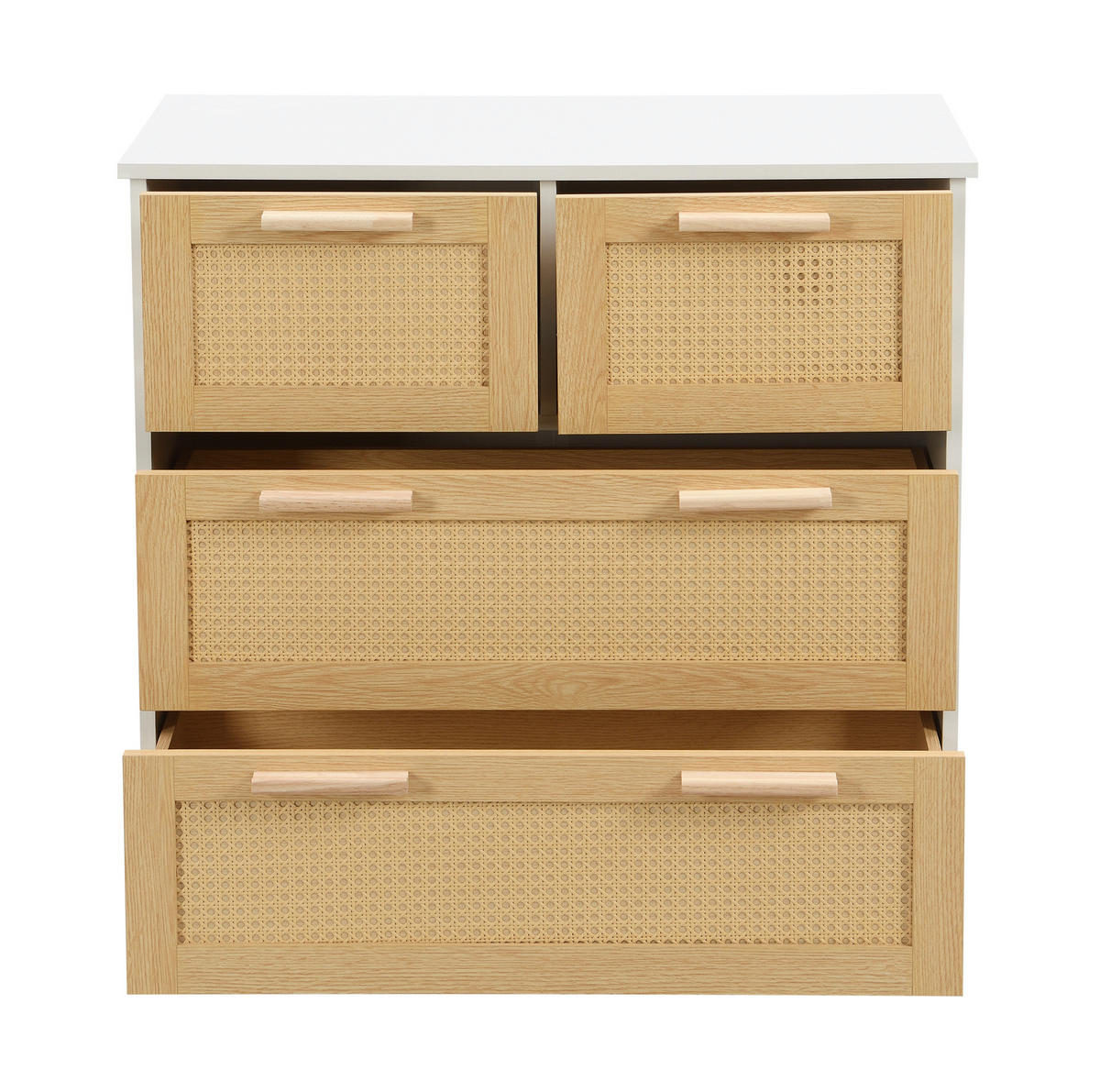 KOMODA 38/80/80 cm se 4 zásuvkami, ratanovým čelem, MDF a úchytkami z masivního dřeva, Přírodní/Bílá - bílá, kompozitní dřevo (80/38/80cm) - Redom